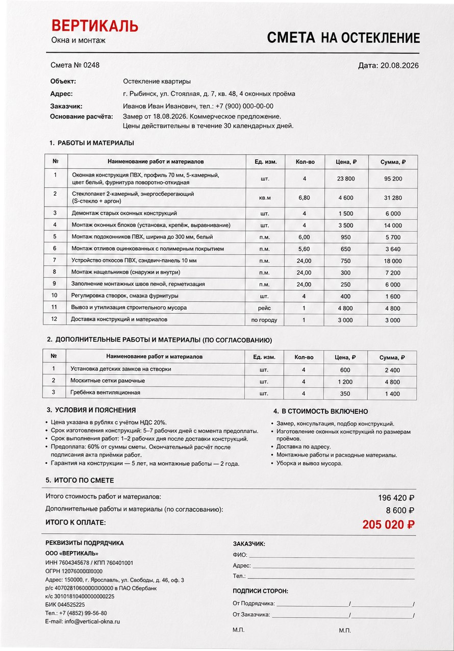 Пример подробного расчёта стоимости окон
